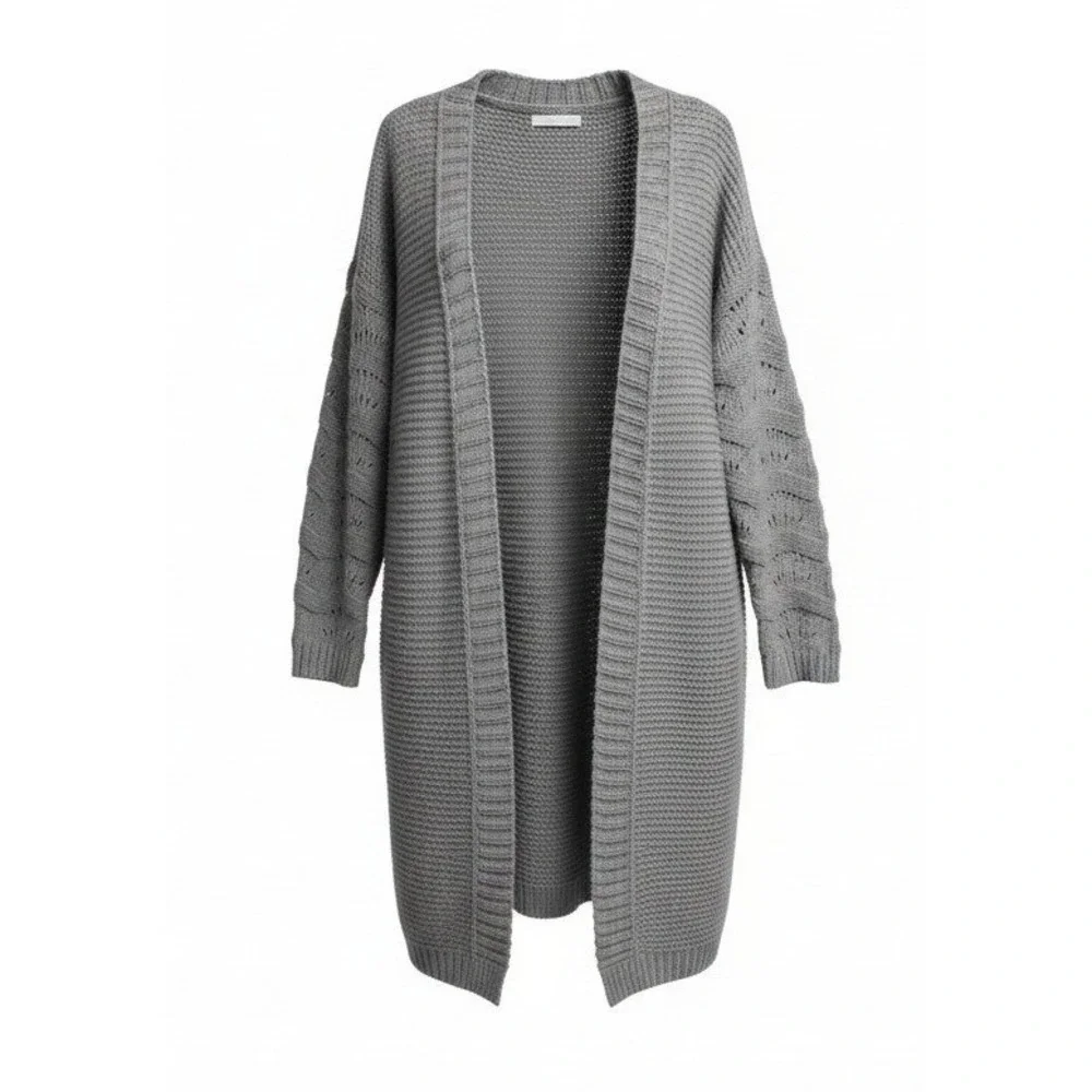 Miss Sparkling Open Front Longline Cardigan Sweater Small Gray Cable‎ Knit